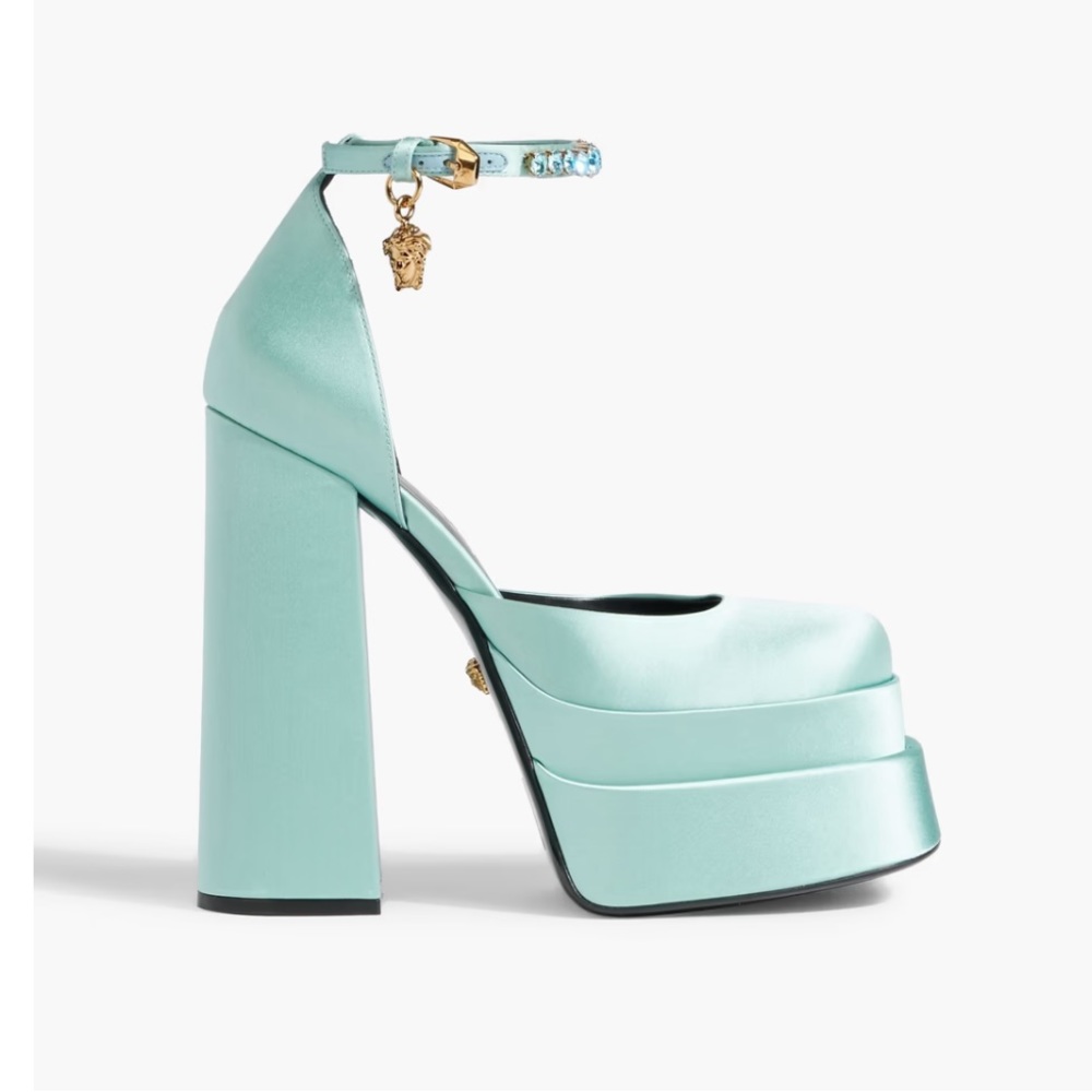 VERSACE Medusa Aevitas embellished satin platform pumps mint